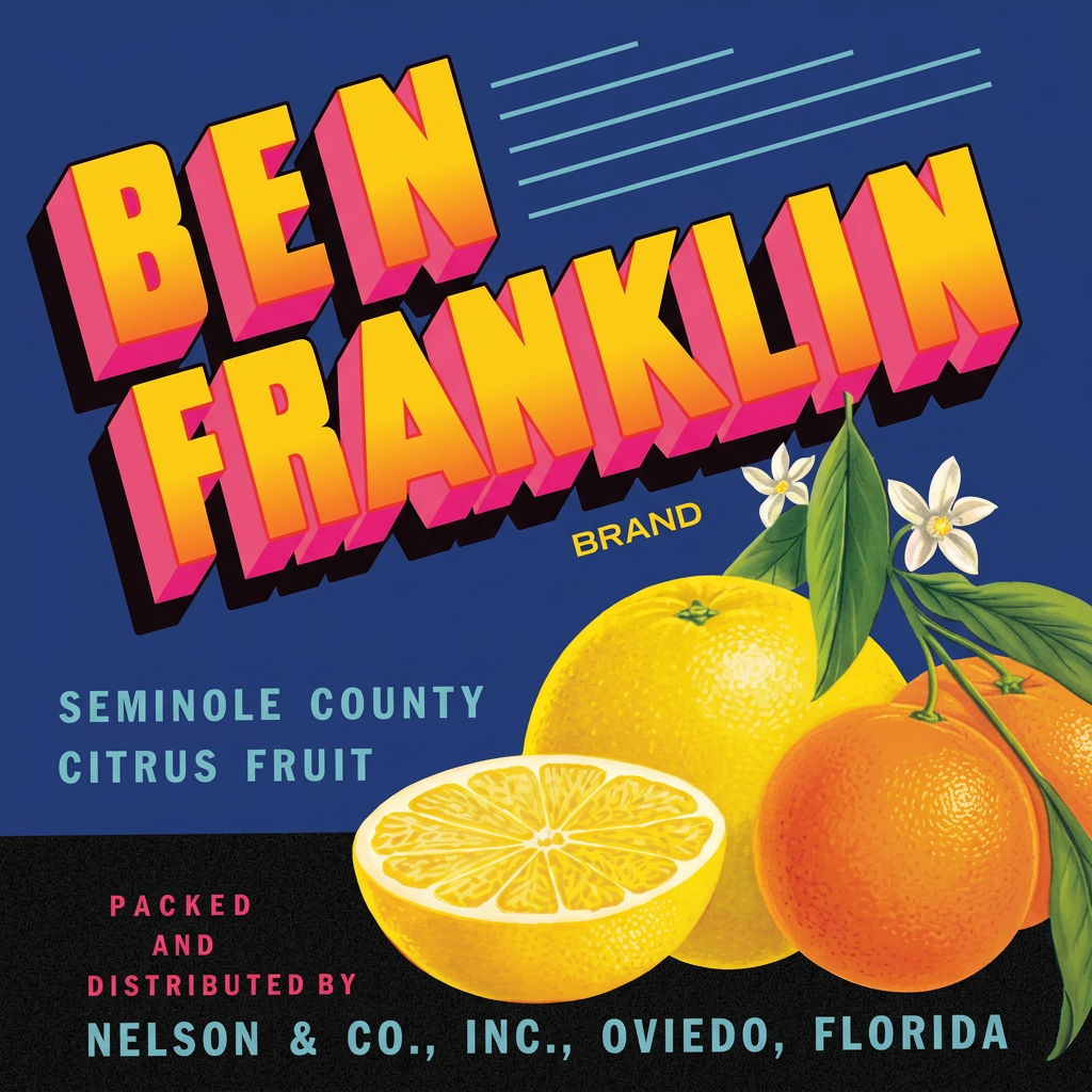 Ben Franklin brand citrus crate label - Nelson & Company, Inc., Oviedo