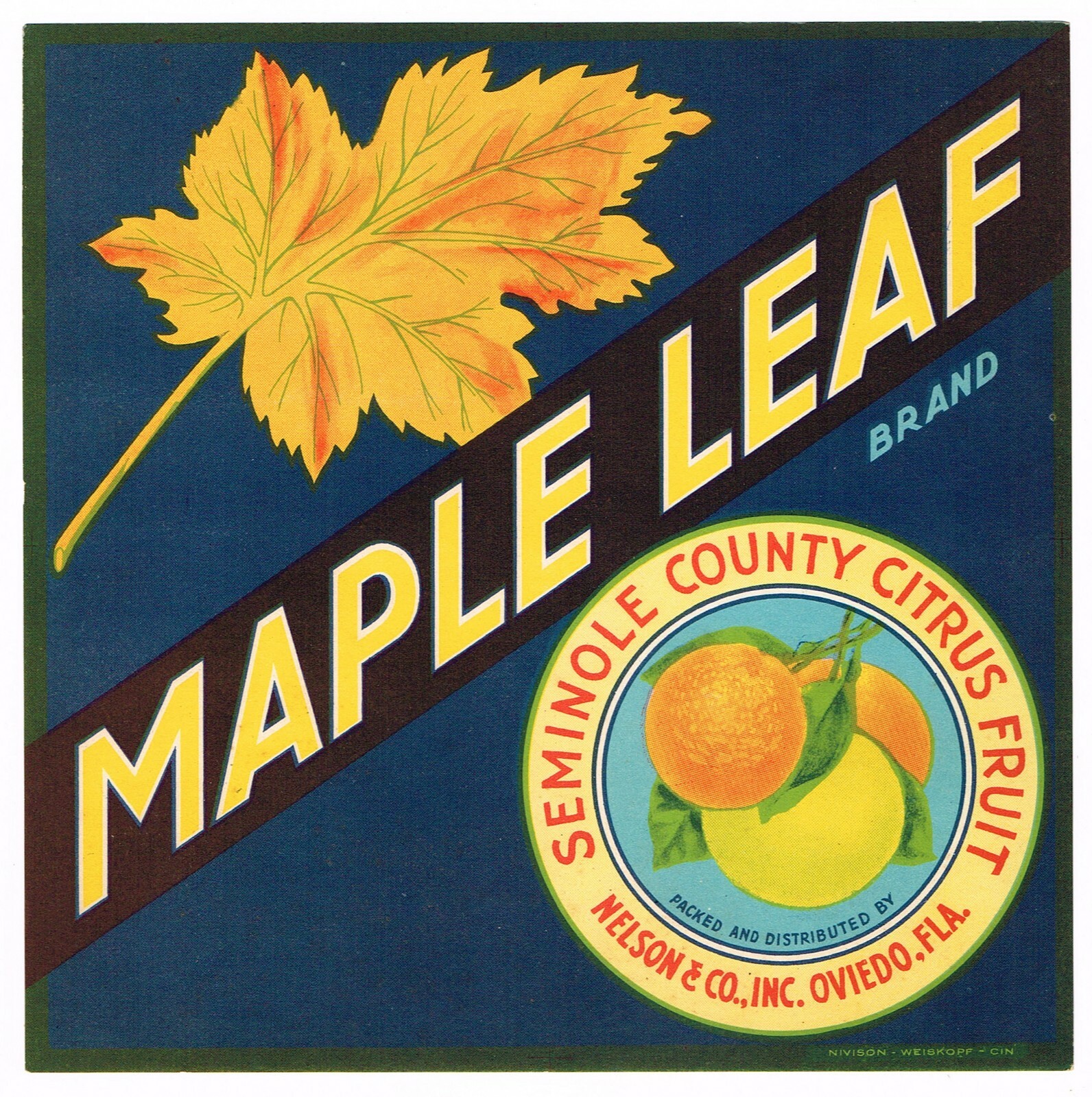 Historic Maple Leaf brand citrus crate label used for fruit shipped to Canada - Nelson & Company, Inc., Oviedo, Florida