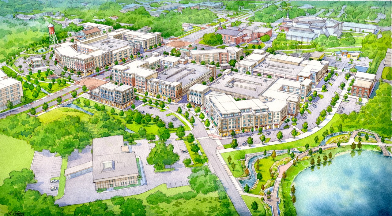 Aerial conceptual rendering of the Downtown Oviedo redevelopment and Water Tower District