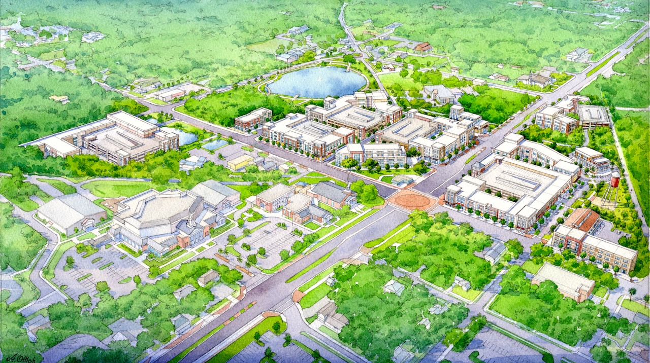 Aerial conceptual rendering looking across the Downtown Oviedo grid, with the historic water tower at right
