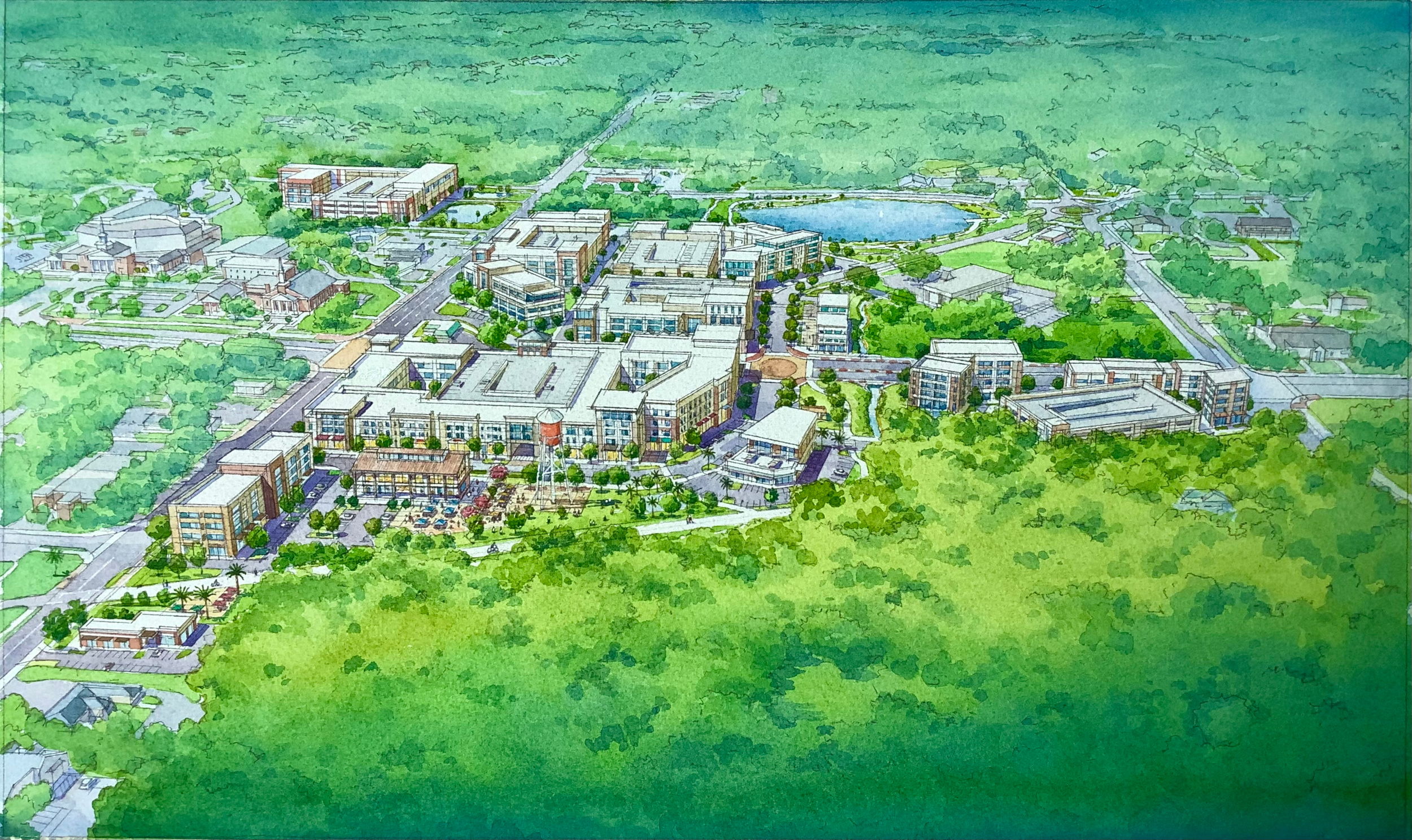 Aerial conceptual rendering of the Downtown Oviedo redevelopment, featuring the central mixed-use center and historic water tower